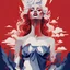 Placeholder: Generate a gouache illustration based on the song Queendom by 'Aurora'. Make it powerful. Use elements from the given photo to create something new and interesting. Replace the colour red work navy blue. Make it abstract. Ignore the woman