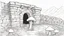 Placeholder: Ground-level outline sketch of a mushroom with octopus tentacles with a crumbling stone wall with an arch behind