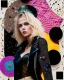 Placeholder: "Midnight Serenade unique" low view angle shot down village road , large close up a beautiful young blonde woman wearing a cool black leather jacket like rocker style and holding a guitar, granite terrazzo motifs with puzzle modern clothing is decorated with colorful filigree abstract, Collage chutes papiers magazines,Spirograph background by Nisa Kiley, Textile Artist