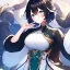 Placeholder: Clear focus,High resolution, Black short fluffy hair, and blue eyes, wearing a Chinese Traditional outfit dark green with black, Blushing, Hand up, white fur around her neck