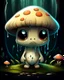 Placeholder: A melancholic creepy kawaii mushroom with a tiny, frowning mouth and big droopy eyes, sitting on a mossy log in a quiet and peaceful forest, lost in its own thoughtsto add personality, outline