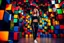 Placeholder: beautiful lady with todays modern clothing and sport shoes, in surreal stage made of fractal random size cubes with helical strip colors in clothing similar to environment full body posing to camera,animating background metallic random color cubes
