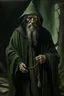 Placeholder: 1970's dark fantasy cover dnd style oil painting of an old herbalist hobo like hero using a dark green cloack with sport outfits with minimalist monotone black far perspective.