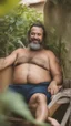 Placeholder: half figure photography of a sicilian bearded dock worker 45 years old, with a cat sleeping on his stomach, manly chest, shirtless, burly chubby, ,muscular, bulge, on the terrace full of plants, on the deckchair, bare-chested , hairy chest, under the sun, relaxing smiling