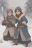 Placeholder: DnD style, two medieval peasant kids playing in the snow male and female, age 14 and 15, happy and playful, he has a short sword.