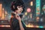 Placeholder: elizabeth with short black hair in 8k 2D anime realistic drawing style, bioshock them, neon effect, close picture, rain, highly detailed, high details, detailed portrait, masterpiece,ultra detailed, ultra quality