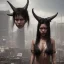 Placeholder: A black-haired tribal woman with demon horns standing on a sidewalk in a cyberpunk city