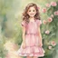 Placeholder: watercolor, full body, cute smile girl, curly hair, big eyes, long brown hair, pink dress, pink shoes