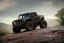 Placeholder: redshift style, photorealistic macro shot, black toy RC off-road trucks climbing a very steep huge boulder, earth color palette, sunset, sharp focus, puddle reflection, refraction, god rays, very rocky terrain, very huge boulders, boulders, detailed and intricate, intense cinematic composition, tilt shit photography