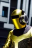 Placeholder: Metallic Cyber-punk style man with a camera-mask and old AKG-style headphones. Large fencing mask covers man's cheeks. Man in good body shape. Reflective plastic body surface, golden skin, full-coverage. Body and Head full of integrated old-fashioned cameras and an old telephone. Golden to black surfaces body. Perfect body. Equations, Euclidean 3D-tiling, Escher tiling. 1996. Cables in head. Daft Punk. Matrix leather jacket. Hood. Beanie.