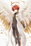 Placeholder: An anime adult male angel with messy red hair, gold eyes, large feathered white wings that looked burned