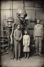 Placeholder: 1900's black and white vintage photo, interior, teeth factory warehouse, stange long grey alien human hybrid creature with a family that is sad, captured on square format film, grainy, aged