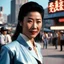 Placeholder: [vintage style noisy scratches glitches, Shot the texture and then rewound the film and double exposed the face] Michelle Yeoh stands for a kung-fu fight in the streets of the Adventures of Buckaroo Banzai Across the 8th Dimension
