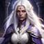 Placeholder: Generate a baldur's gate 3 character portrait of a beautiful female cleric aasimar blessed by the goddess Selune. She has long white hair. She has purple eyes. She has some white feathers in the lower part of her long hair. She has a youthful and rounder face. She is lit by moonlight.