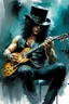 Placeholder: slash playing his guitar while smoking :: dark mysterious esoteric atmosphere :: digital matt painting with rough paint strokes by Jeremy Mann + Carne Griffiths + Leonid Afremov, black canvas