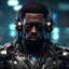 Placeholder: Medium Shot of black man cyborg with one eye implant in cyberpunk in detailed 3d style