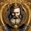 Placeholder: viking holger danske,long swirling beard and hair, his sword is golden, siting on his throne with wolfes on each side, alkohol ink, background swirley colorful with painted dragon on the wall, background colorful