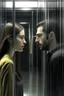 Placeholder: A woman and a man separated by a glass wall prevents the girl from crossing to the man her hair is long black Photorealistic