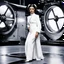 Placeholder: a standing revealing full body photoshoot Princess Leia with her Star Puffs hairstyle, she is poised on hands and knees, by Helmut Newton, typical for the suggestive style of Newton (high quaintly perfect photo) the background is a space dock