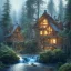 Placeholder: the most stunning landscape, forest hills, waterfall, A-line modern cabin, illuminated, 8k resolution, high-quality, fine-detail, photorealistic, intricate, digital art, detailed matte, volumetric lighting, illustration, 3D octane render, brian froud, howard lyon, selina french, anna dittmann, annie stokes, lisa parker, greg rutowski, George Grie, Ben Goossens, Igor Morski