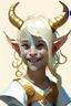 Placeholder: a child tiefling girl with white-blond hair and small horns, she wears white and gold and is happy