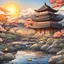 Placeholder: morning sunrise cartoon japan temple with ducks and a stream flowing