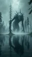 Placeholder: Bosch painting style nightmare , 3D , a monster of the mysterious lake from distant view surrounded by tall trees in the background, high Quality picture , 8k