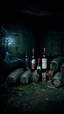 Placeholder: An old winery with a lot of old Burials in a dark room , a few bottles of red wines with and old labels and spider webs in side a dark abandoned underground dark room with a little dim touch on the wall, scary, dramatic, mysterious ambiance