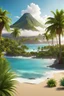 Placeholder: A Poster of La Reunion Island surrounded by ocean, plants, Volcano and sand beach, palmtrees and surfers, 3d render, c4d, cartoon