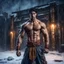 Placeholder: Hyper Realistic handsome muscular Aladdin with his prehistoric-costume standing bravely outside massive-dark-abandoned-factory-with-broken-windows-&-fancy-main-gate at dark snowfall night with dramatic & cinematic ambiance