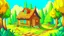 Placeholder: Cartoon style: at the end of the forest there is a meadow and a small wooden house