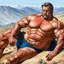 Placeholder: a big muscle man sitting on a horse in hills like a 19th painting