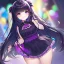 Placeholder: Clear focus,High resolution, Black long fluffy hair, and purple eyes, wearing a vocaloid outfit, must wear a short skirt, Loli