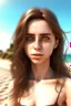 Placeholder: Frau, 26-jährig, realistische Haut, realistische Haare, lasziver Blick, grosse augen, bikini am strand.