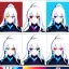 Placeholder: Clear focus, 8k, beautiful lighting, vibrant colors, girl, white hair, long hair, vibrant red eyes, ponytail, same twins, white hair, blue eyes, same clothes, heterochromia,