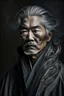 Placeholder: a photo of an Asian man with ethnic jewelry, grey hair and grey flowing robe, in style of Annie Leibovitz, contemporary portrait of a mature yet beautiful and modernist man, black and grey, detailed masculine face, swirling fluid smokey enigma, award-winning artwork