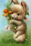 Placeholder: a cheerful cute furry fluffy chibi bunny holding a beautiful big carrot with the green on the green field with flowers S<AI by Jean-Baptiste Monge, watercolor and ink, intricate details, fantasy, beautiful, award winning, colorful, fantastic view, crisp quality, in sunshine