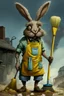 Placeholder: artist Jean-Baptiste style. A unhappy, disgruntled biomorph skinny fuzzy-headed old dust Bunny. skinny arms, legs, and body covered all over with bits of dust and dirt. blue eyes. A yellow dotted green raggedy apron. holding a mop and pail. standing in a cloud of dust. large bits of dirt flying around his head. style of Tim Burton.