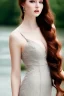 Placeholder: full shot body of very beautiful Woman with pale skin makeup , green eyes, long auburn hair, high fashion sexy silver dark gray lace dress , country side ,river ,country houses ,sharp focus.