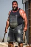 Placeholder: full figure shot photography of a wet sweat chubby and very virile 51-year-old burly turkish construction worker, long beard, in tank top, bulge, works hard very sweaty on a construction site in the sun repairing a floor, underlines the shine of the sweat in the sun's rays and the fatigue of the muscles, manly chest, , big legs, big belly , side view, photorealistic , side light