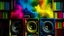 Placeholder: generate an image that Discover over sets of vibrant, multi-colors smokes spread over bookshelf speakers