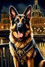 Placeholder: Masterpiece painting of a german shepard adorned in colonial garb, moonlit Parisian bridge background, watercolor painting STYLE, ultra detailed character, joyful lighting.