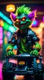 Placeholder: portrait of lizardman clown Hairy Gremlin myth buster pimp ninja yoga cyber punk in flying hipster lawn tractor parked in dark neon lit reflective wet arcade hall tunnel,bokeh like f/0.8, tilt-shift lens 8k, high detail, smooth render, down-light, unreal engine, prize winning