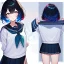 Placeholder: Clear focus,High resolution, Black and Rainbow short fluffy hair, and rainbow eyes, wearing a sailor uniform, must wear a short skirt with a horizontal line, you can only see her from the back, putting on sweater midway