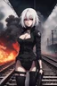 Placeholder: close-up gothic anime girl, white hair, tight outfit with gun on thigh, standing on a train track, smoke and fire surroundings, she is dull and dark, looks determined , train approaching behind her, poeti style