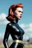 Placeholder: retro portrait image from 1960, sky background, wind, long red hair, fighting stance, sweet young Scarlett Johansson, black dress, classic long tight lycra black suit, gold bracelet and belt, high heel boots, superhero style, soft color, highly detailed, unreal engine 5, ray tracing, RTX, lumen lighting, ultra detail, volumetric lighting, 3d, finely drawn, high definition, high resolution.