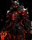 Placeholder: black and orange armor with glowing magma eyes, and a ghostly black flowing cape, silver trim flows throughout the armor, the helmet is fully covering the face, black and orange spikes erupt from the shoulder pads, black and magma angel like wings are erupting from the back, lava hair coming out the helmet, spikes erupting from the shoulder pads and gauntlets