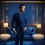 Placeholder: Hyper Realistic Handsome-Muscular-Man-with-little-smile Wearing Navy-Blue-Velvet-Tuxedo standing in a dark-room with blue-patterned-vintage-wall & glowing-blue-water on the floor with fancy-navy-blue-couch-&-fancy-lamps-on-wall