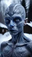 Placeholder: holographic simulation, beautiful xenobiotic alien man demon, scandinavian black tattoo on the body, super detailed face, blue eyes, against the backdrop of old dzherevyanny houses in the winter forest, falling snow in winter, professional photo, 4k, high resolution, high detail, close-up, octane, body art, patterns, lavender color, silver wire, artistic elven fantasy, filigree, dark botany, ultra detail, dark botany, photorealistic image