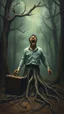 Placeholder: Bosch painting style nightmare, a man with only tree roots legs planted in the ground and head looks up with wide open mouth screaming , with an old travelers suitcase , dramatic sad scene, fantasy, scary.